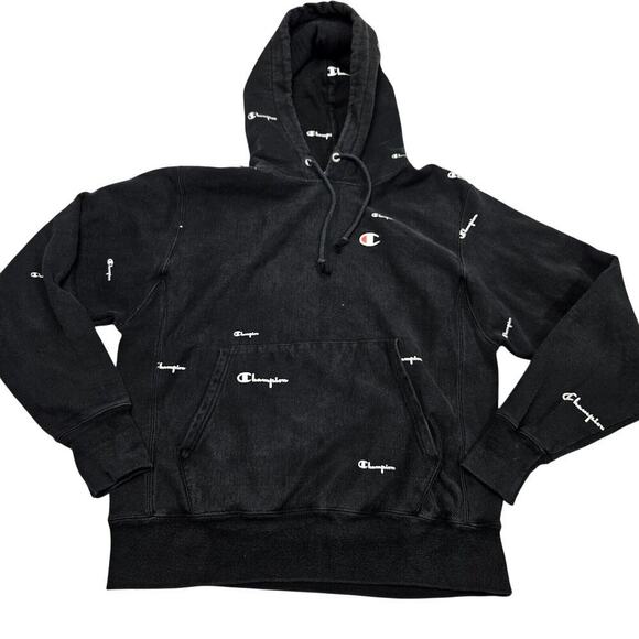 Champion Reverse Weave Hoodie Medium Black All Over Print Logo Drawstring - Picture 1 of 8